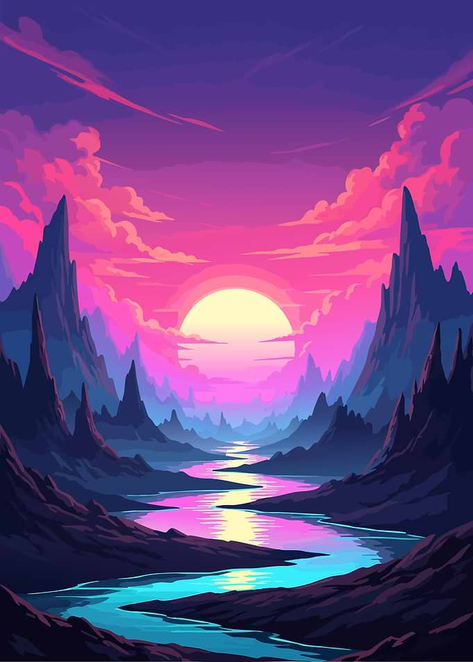 Vaporwave Landscape with River and Mountains