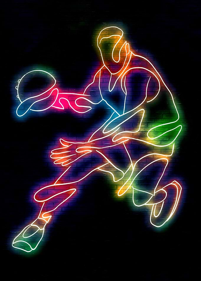 Neon Basketball Player on Brick Wall