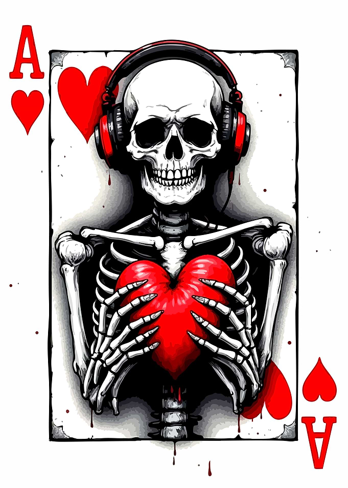 Ace of Hearts Skeleton with Headphones