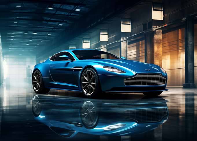 Blue Aston Martin in garage