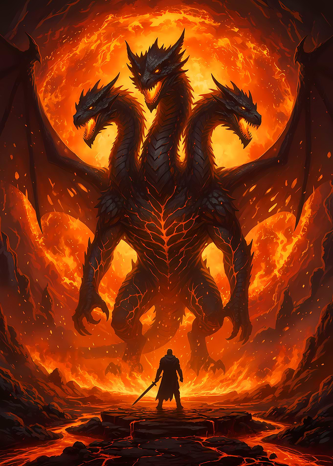 Three-Headed Dragon Confrontation in Fiery Landscape