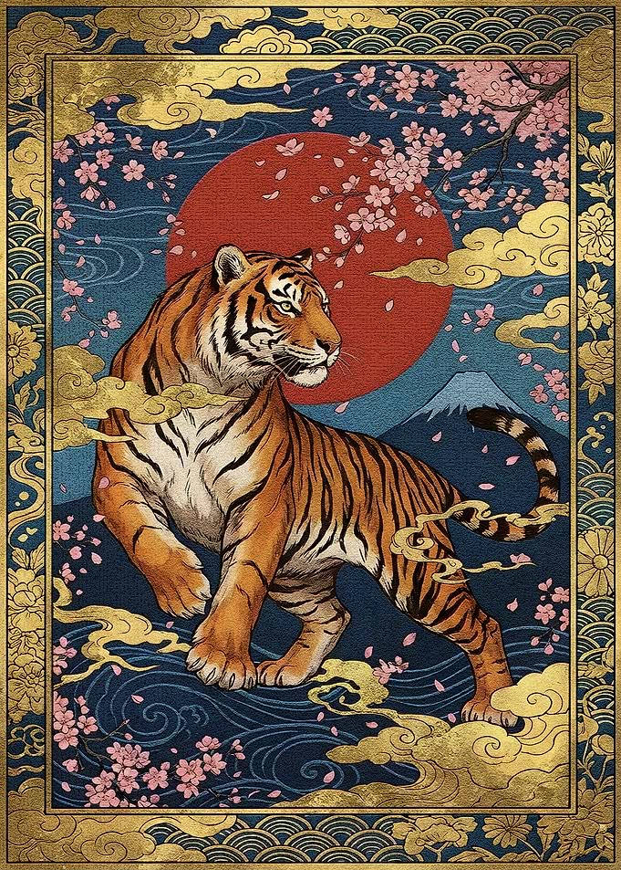 Tiger with Cherry Blossoms and Sun