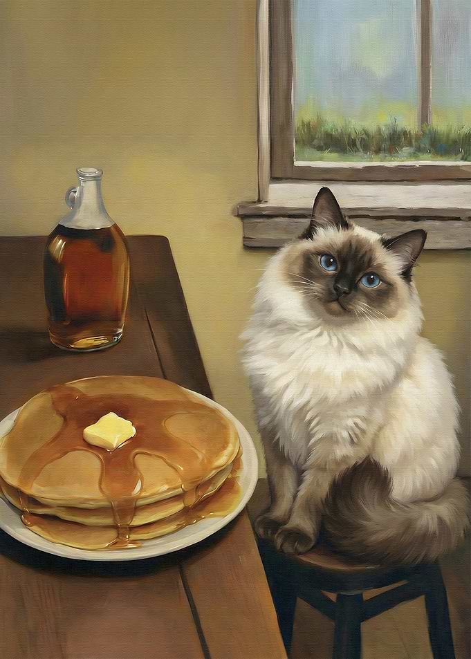 Cat with Pancakes and Maple Syrup