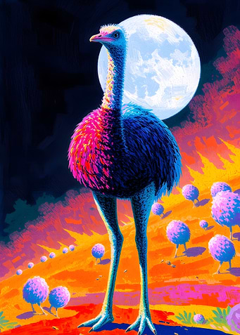 Colorful Ostrich Under the Moon