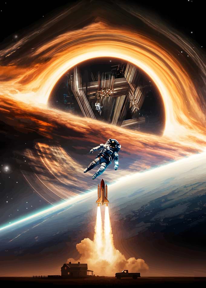 Interstellar Space Exploration: Rocket, Astronaut, Black Hole
