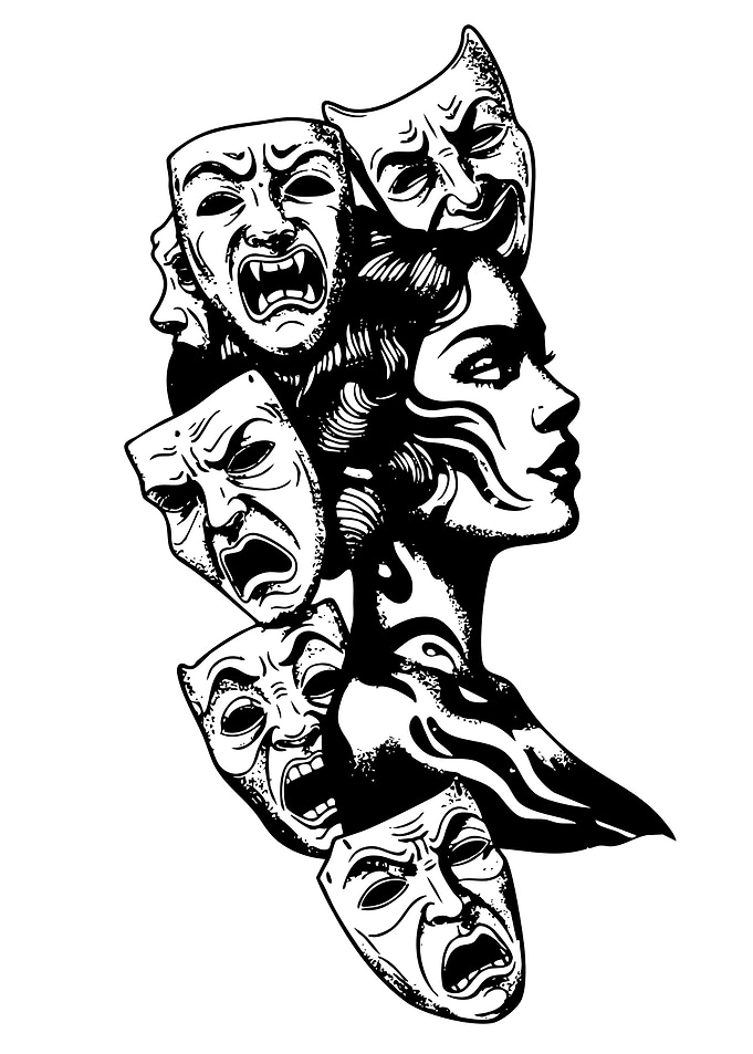 Woman with Masks Black and White Art