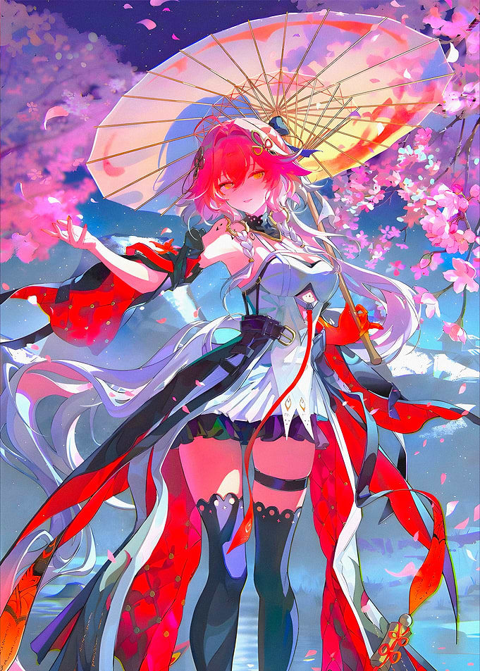 Anime Girl with Parasol in Cherry Blossoms