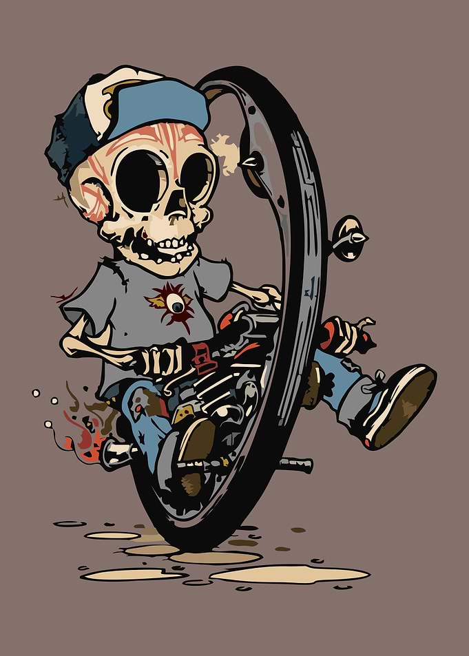 Cartoon Skeleton Riding a Motorcycle Wheelie