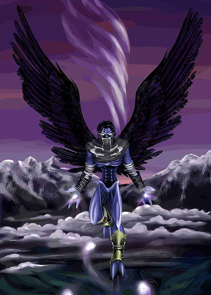 Winged Figure in Fantasy Landscape