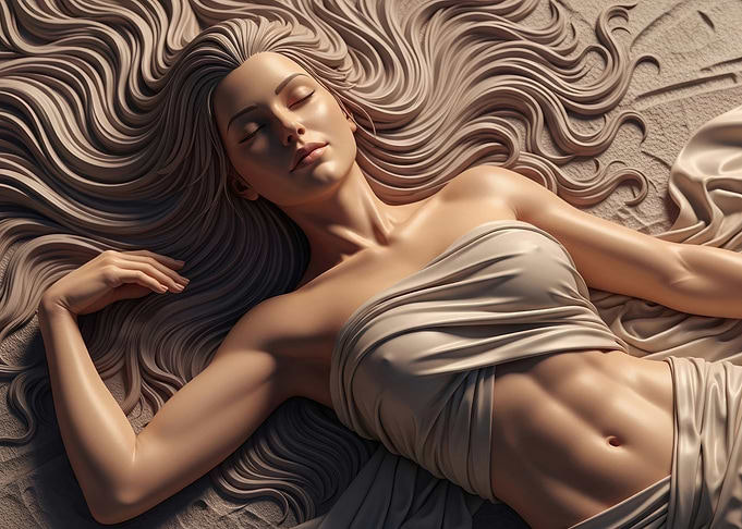 Woman with flowing hair lying down