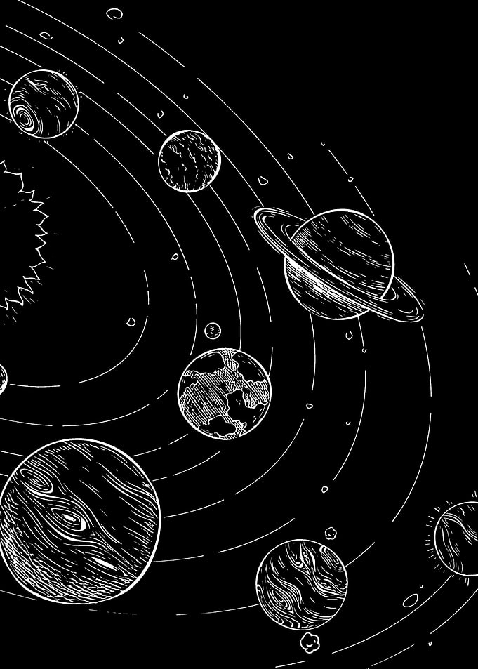 Solar System Black and White Illustration