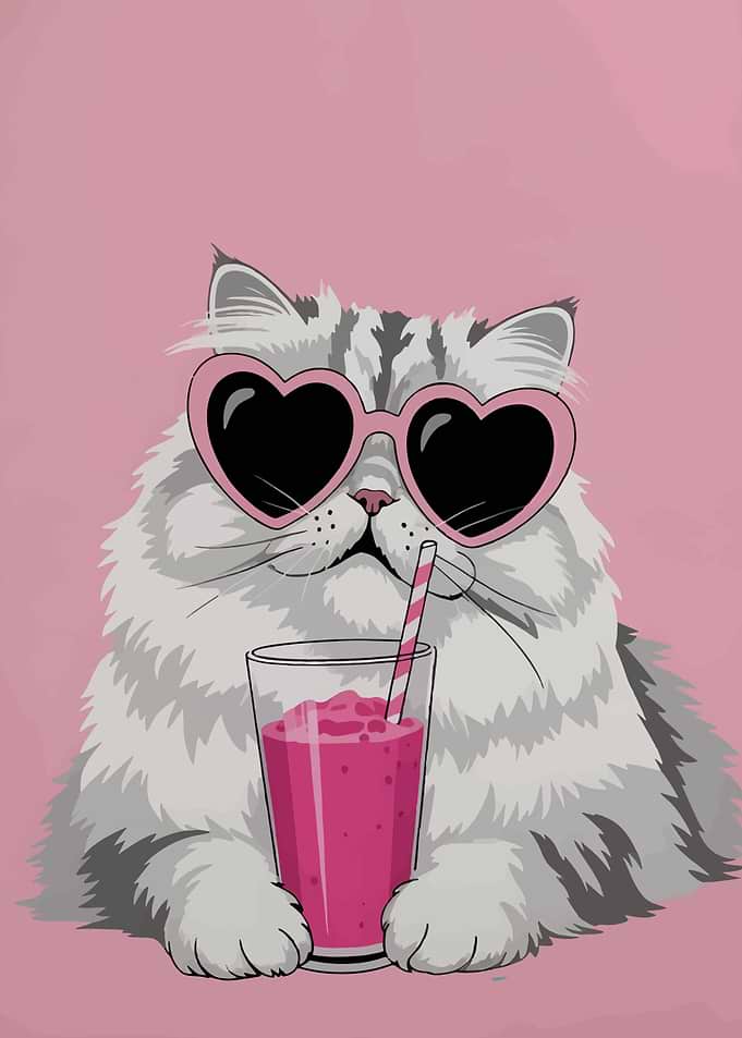 Cat with Heart Sunglasses and Smoothie