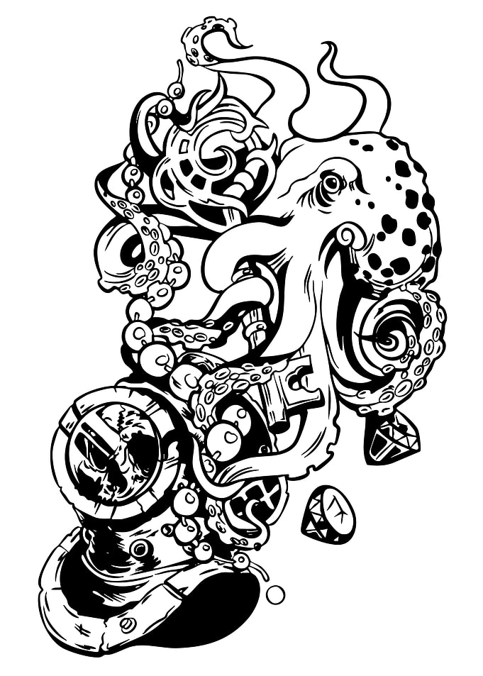 Octopus and Diving Helmet Illustration