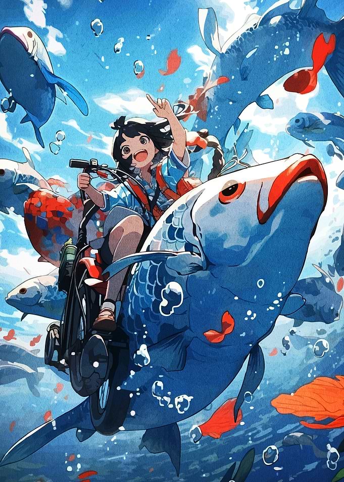 Girl riding fish motorcycle in ocean
