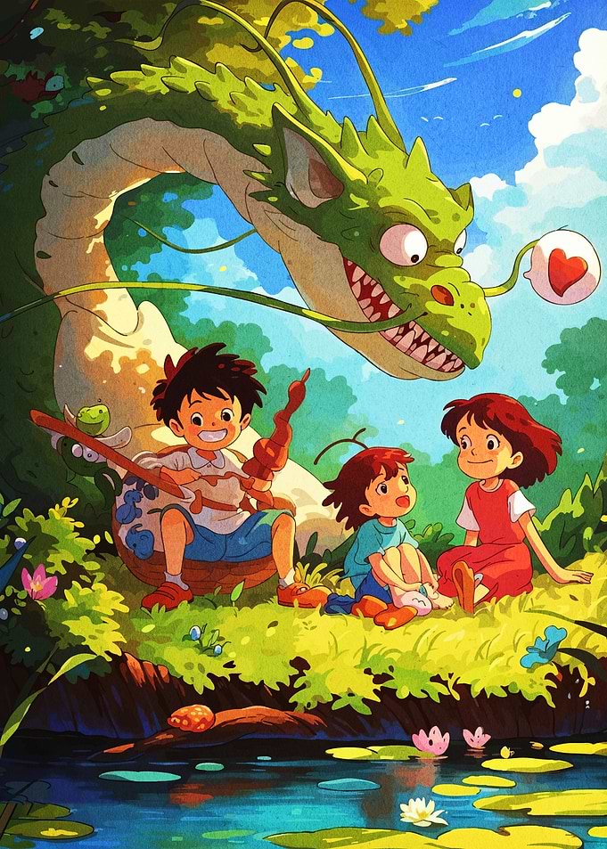 Children with Dragon by Pond