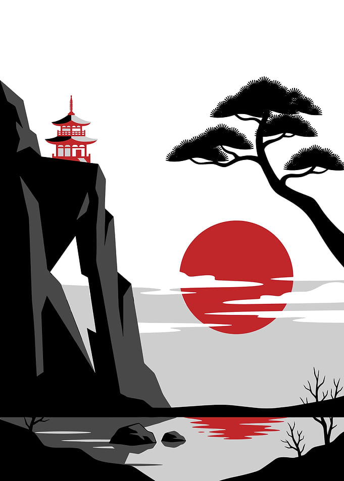 Japanese Landscape with Pagoda and Sun