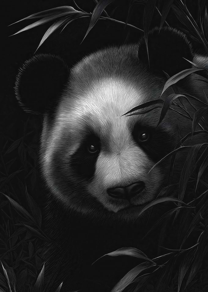 Monochrome Panda Portrait with Bamboo