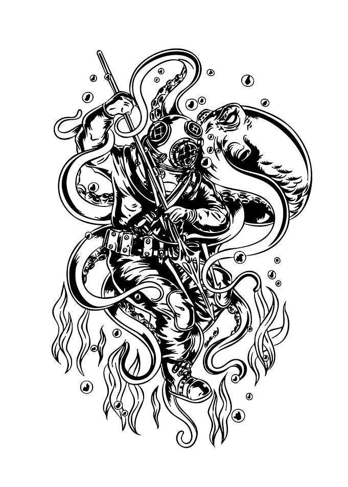 Diver and Octopus Black and White Art
