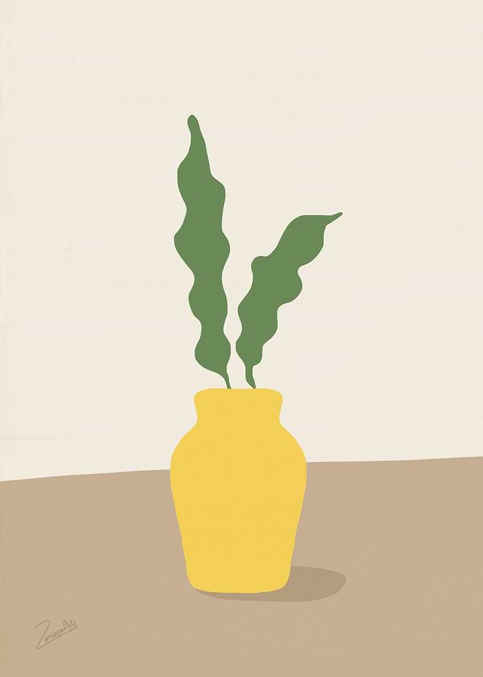 Yellow Vase with Green Leaves