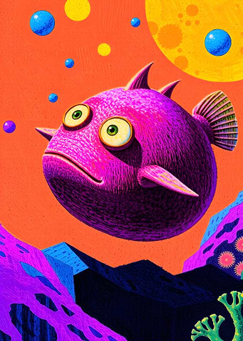 Cartoon Fish in Surreal Landscape