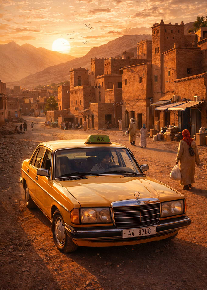 Golden Hour Moroccan Taxi Journey Through a Traditional Desert Village