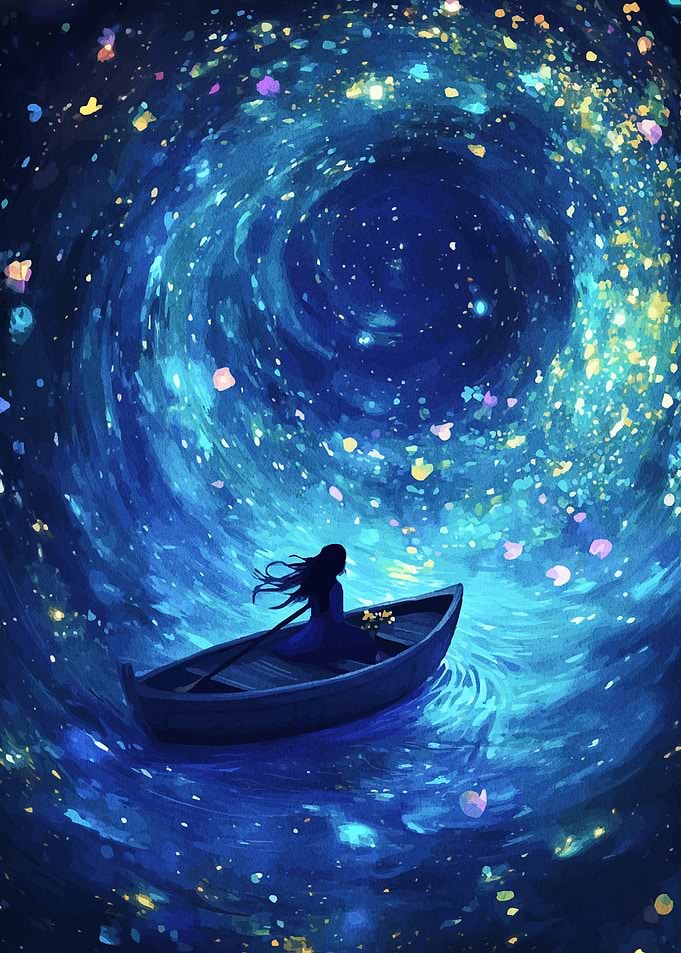 Girl in Boat Amidst Starry Vortex