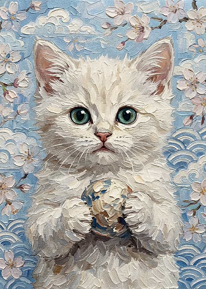 White Kitten with Ball Painting