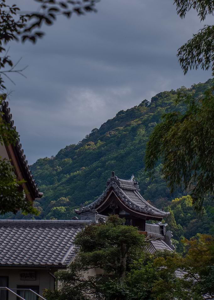 Japanese Temple and Mountain Landscape
