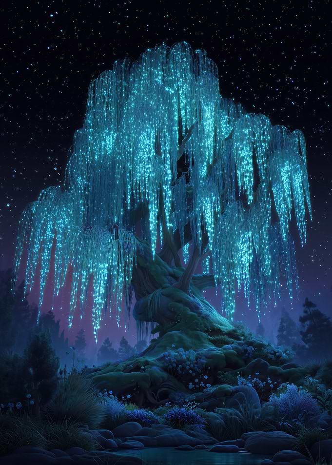 Glowing Willow Tree at Night