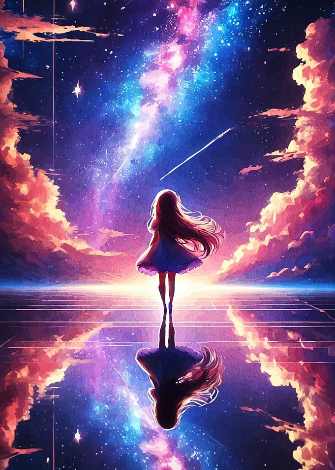 Girl Gazing at Galaxy Reflection