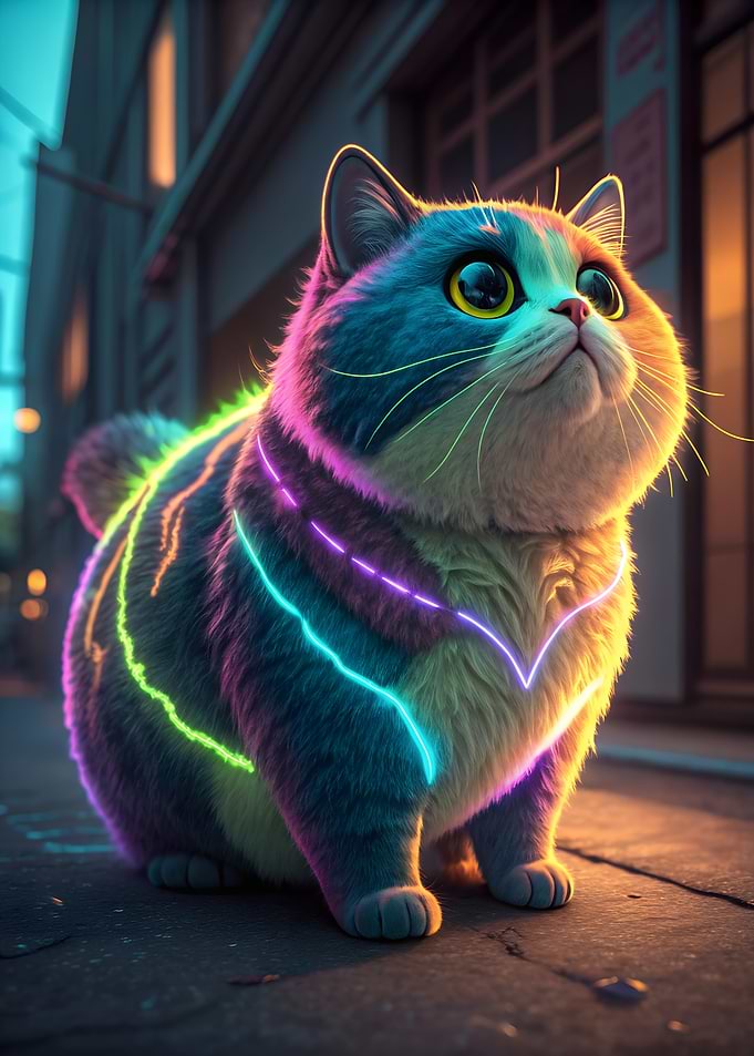 Neon Fat Cat in Cityscape
