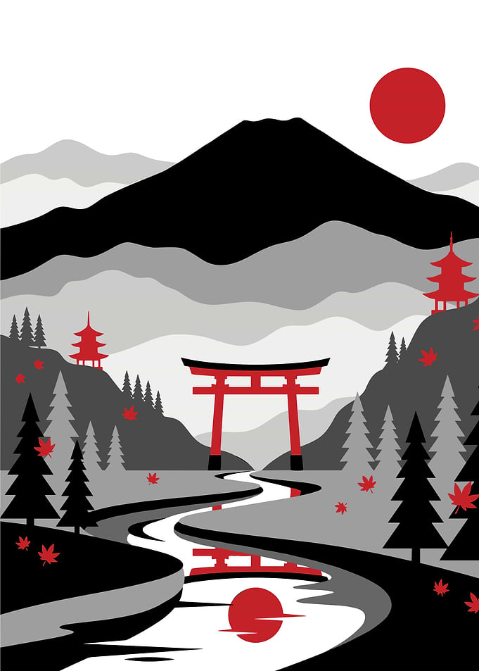 Japanese Landscape with Torii Gate and Mountain