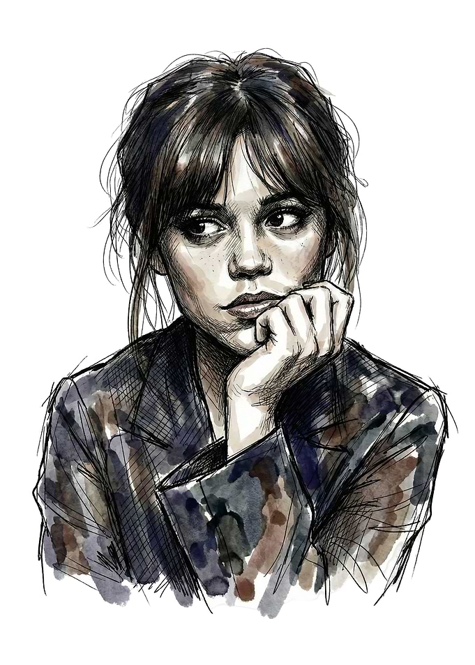 Jenna Ortega Portrait Watercolor Art
