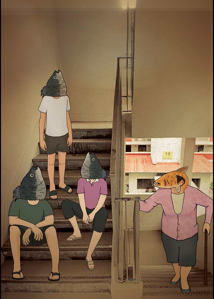 Fish-Headed People on Staircase
