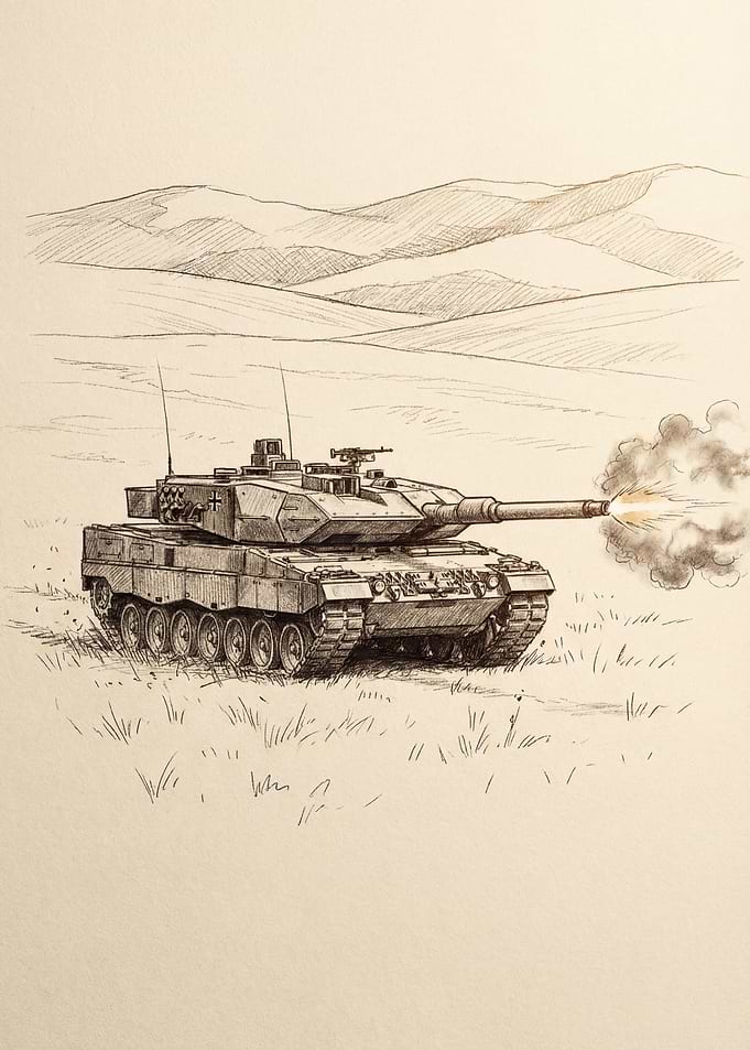 Tank firing in a field sketch