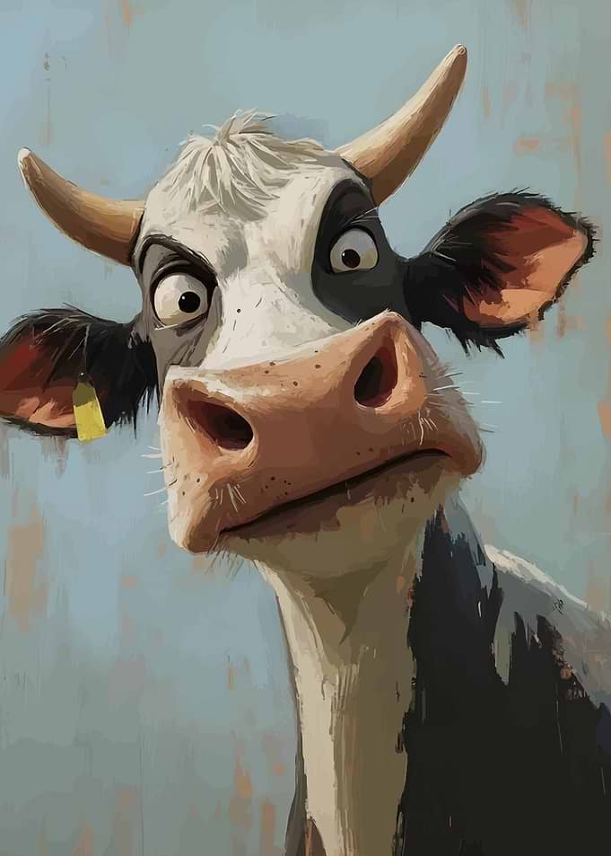 Cartoon Cow Portrait with Goofy Expression