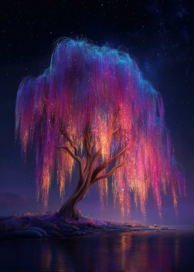 Magical Willow Tree at Night