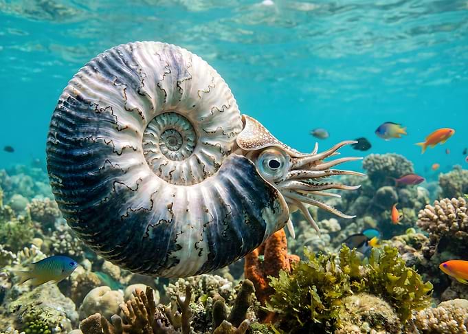 Amonite in Coral Reef
