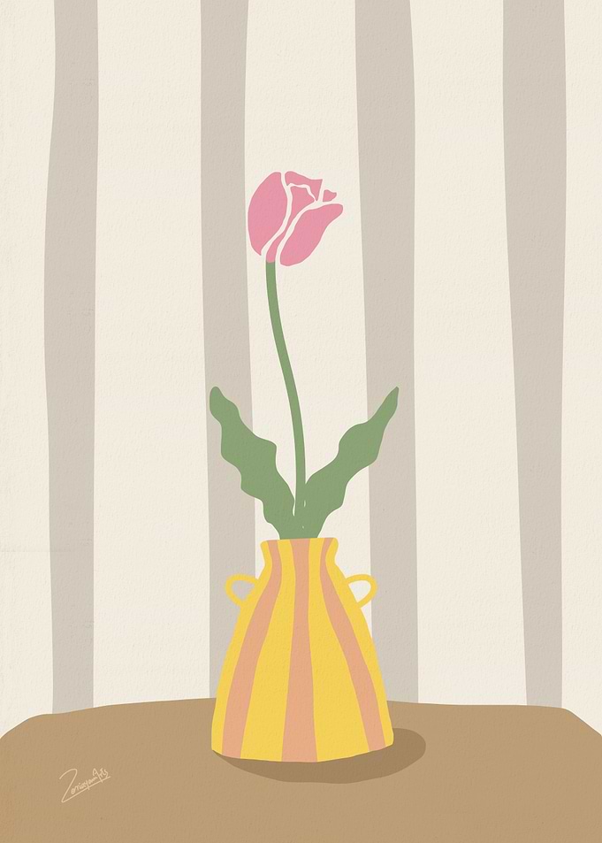 Pink Tulip in Striped Vase Illustration