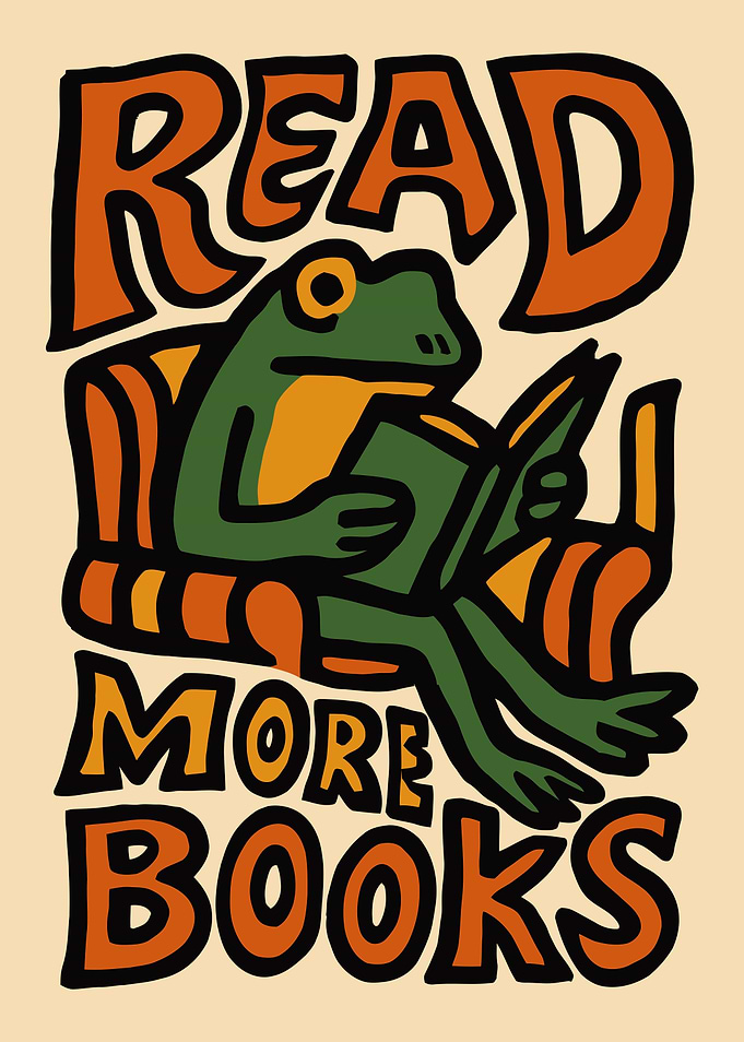 Frog Reading Books Poster