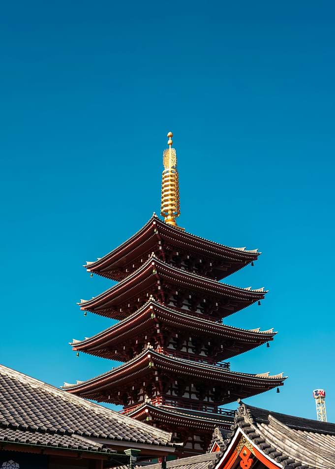 Japanese Pagoda Against a Clear Blue Sky