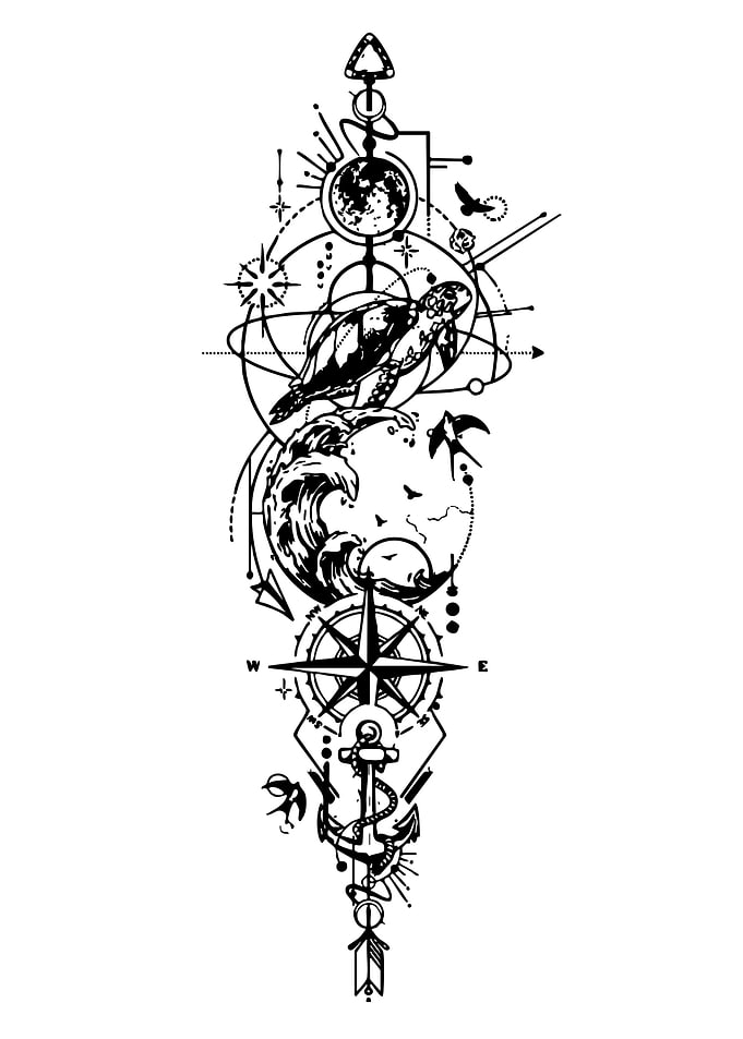 Turtle, Anchor, and Compass Tattoo Design