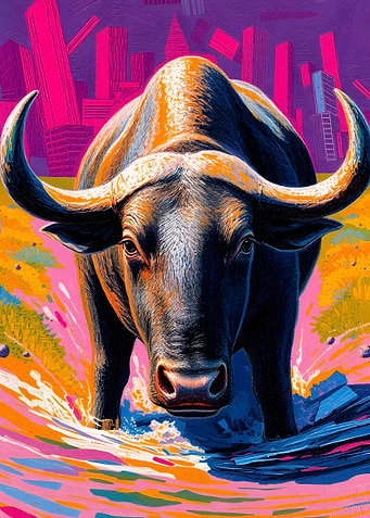 Colorful Buffalo in Abstract Cityscape