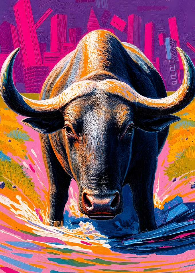 Colorful Buffalo in Abstract Cityscape