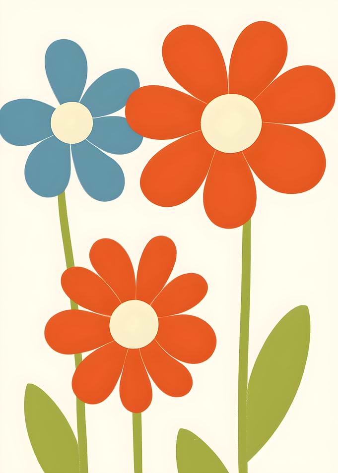 Retro Floral Illustration with Blue and Orange