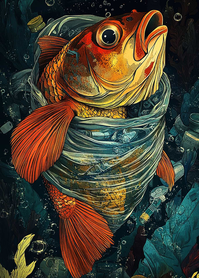 Fish Trapped in Plastic Pollution