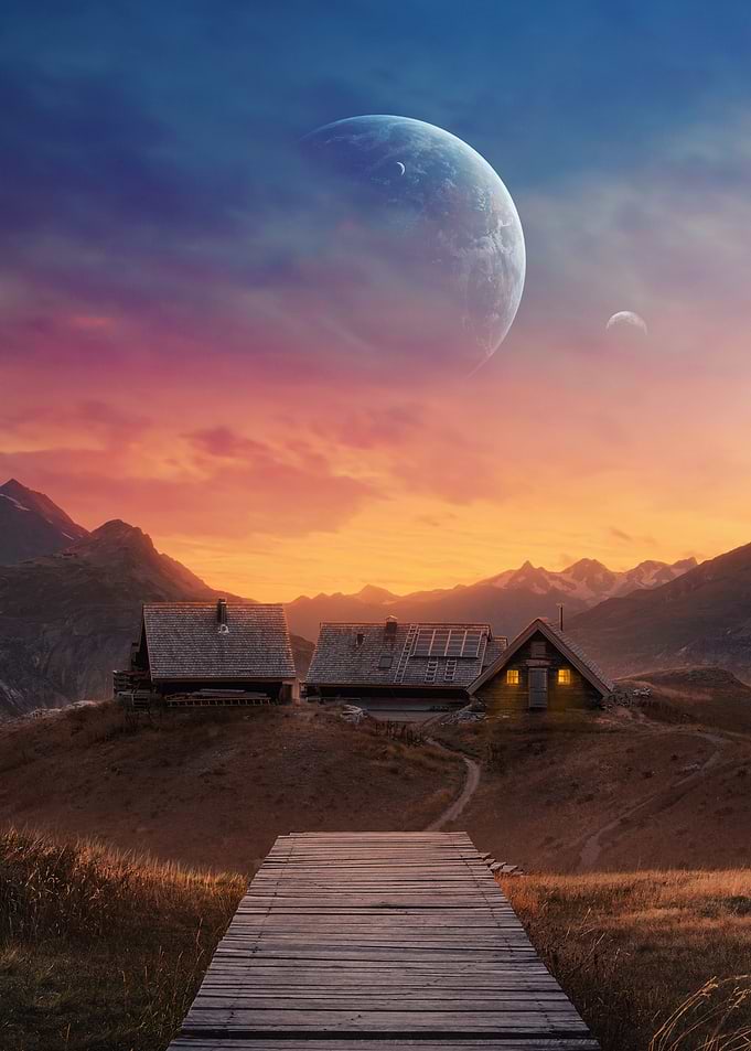 Mountain Cabins with Planets at Sunset