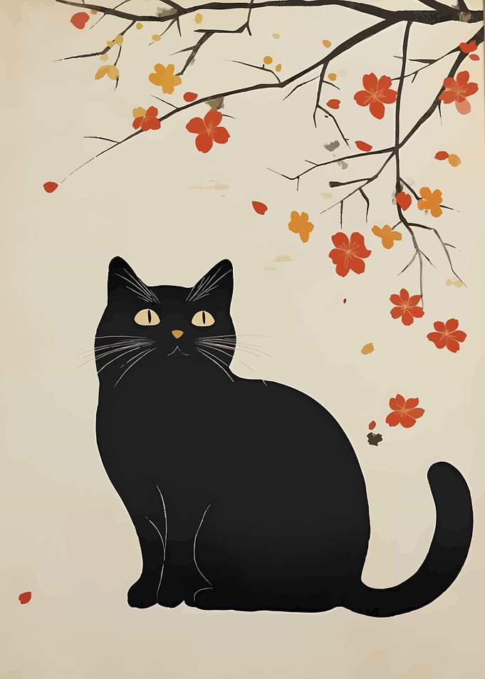Black Cat with Blossoms Illustration