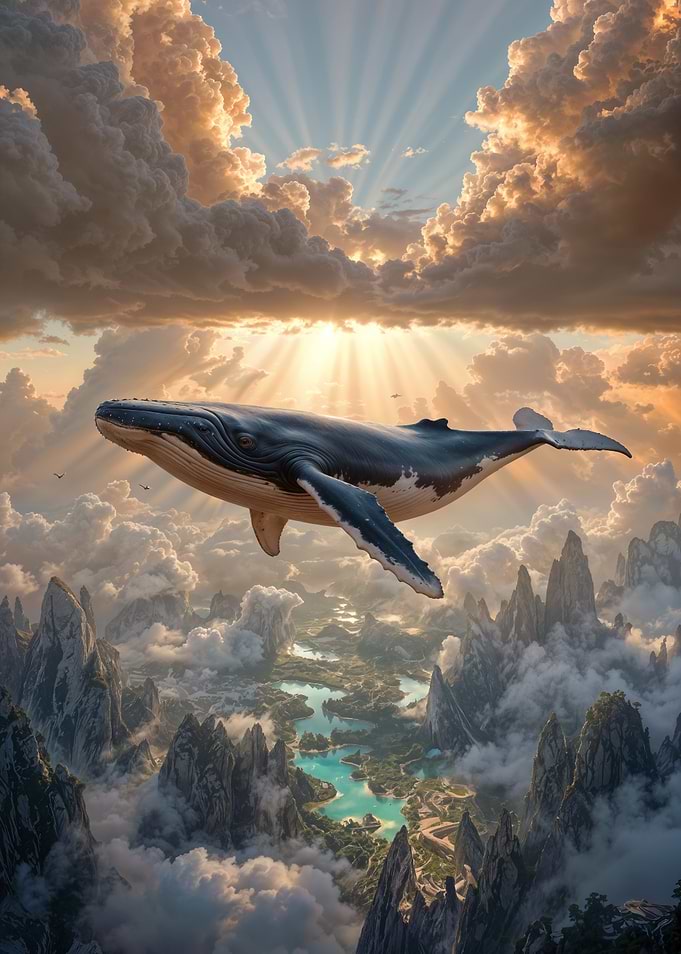 Whale Flying Over Mountainous Landscape