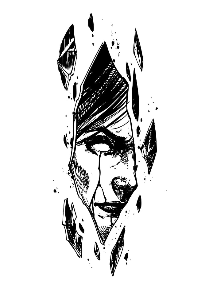 Shattered Face Ink Drawing